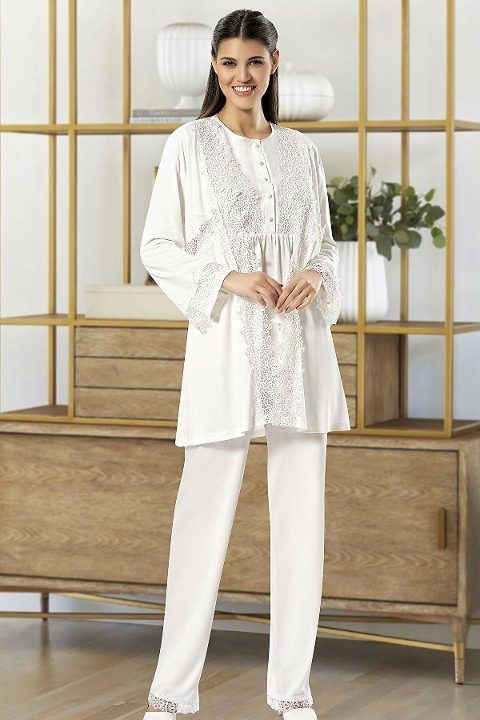 Pamuklu Emzirme Açıklığı Hamile Pijama Takımı XSES 4100 - Ekru