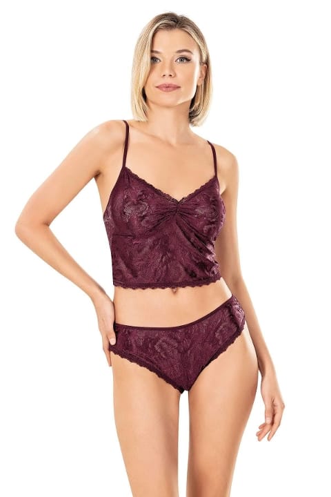 Dantel Detaylı Pembe Jakarlı Şort Takımı Ahu 9151 - Bordo