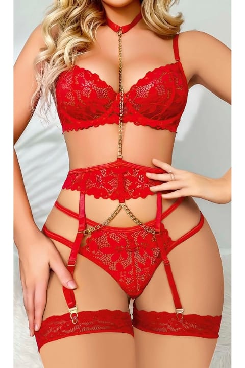 Kırmızı Dantel Ve Zincir Detaylı Jartiyer Takım Ruselin 2056 - 2