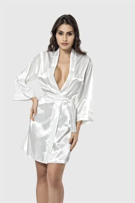 Kısa Saten Sabahlık Kadın Pijama Takımı Ahu 7431 - Beyaz