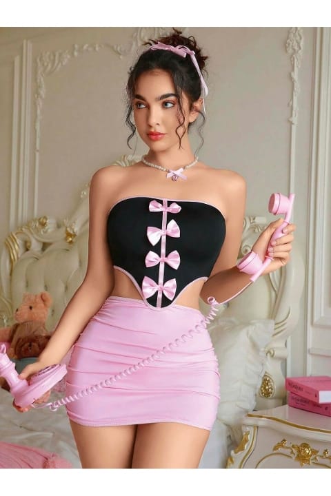 Pembe Fiyonklu Crop Kostüm Ruselin 2154