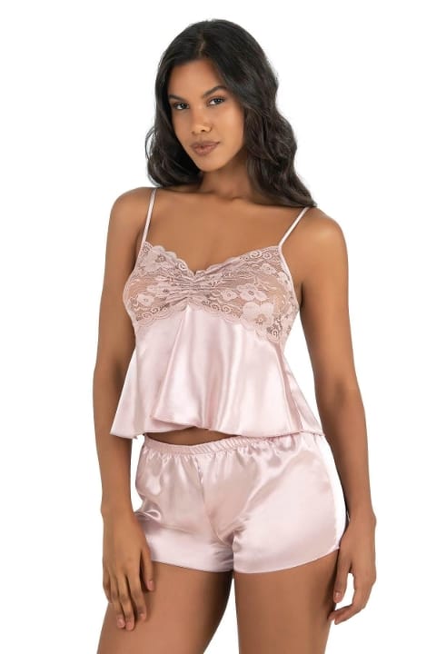 Pudra Renk Saten Şort Takımı Kadın Pijama Ahu 9216 - Pudra