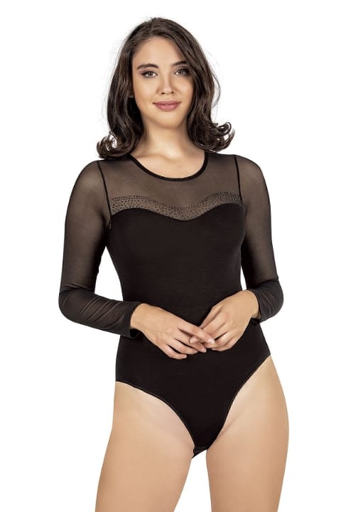 Uzun Kollu Tüllü Body Yaka Taş Detaylı Özkan 25766