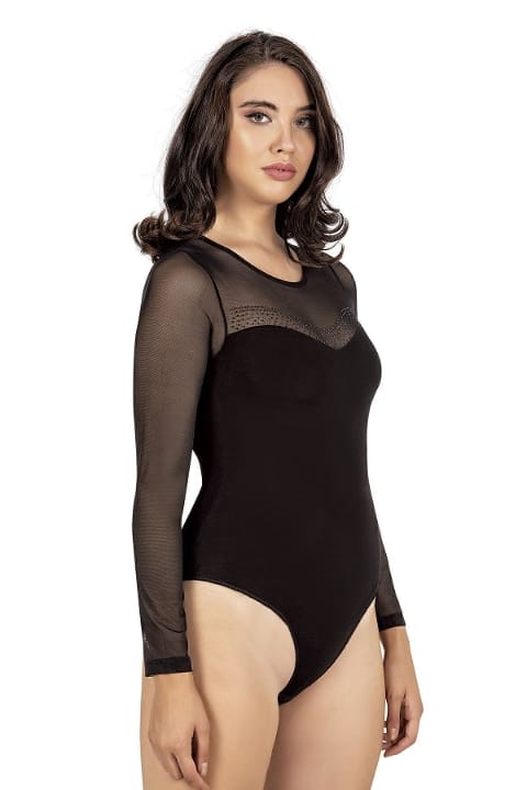 Uzun Kollu Tüllü Body Yaka Taş Detaylı Özkan 25766 - Siyah