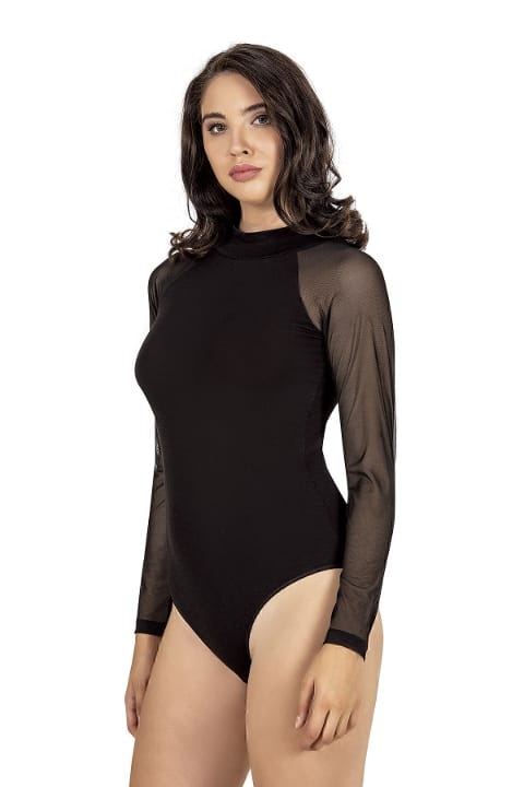 Viskon Tül Detaylı Uzun Kollu Body Özkan 25818 - Siyah