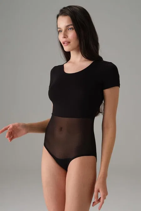 Tül Detaylı Kısa Kol Bodysuit Siyah Doreanse 12423 - Siyah