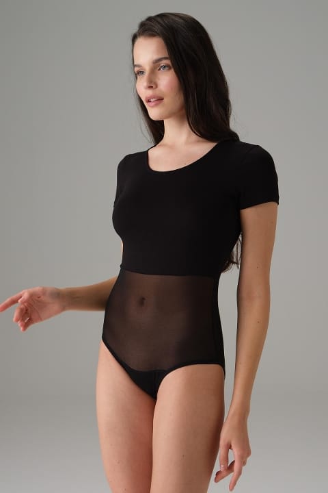 Tül Detaylı Kısa Kol Bodysuit Siyah Doreanse 12423