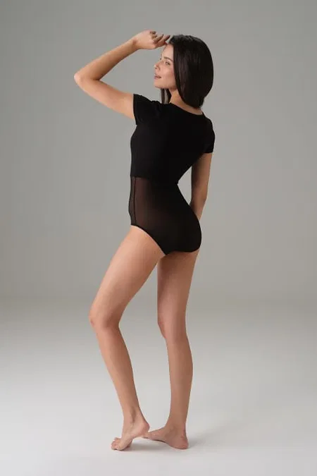 Tül Detaylı Kısa Kol Bodysuit Siyah Doreanse 12423 - Siyah