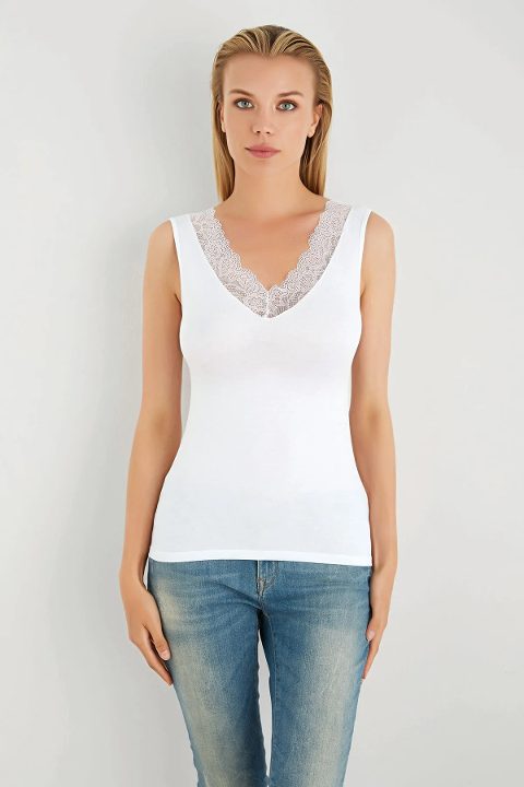 Arma Yıldız Pamuklu V Yaka Dantel Detaylı Kadın Atlet Arma Yıldız 3335 - Görsel 3