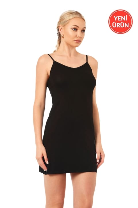 Esnek Viskon İp Askılı Kombinezon Kadın Gecelik Özkan 27190 - Siyah