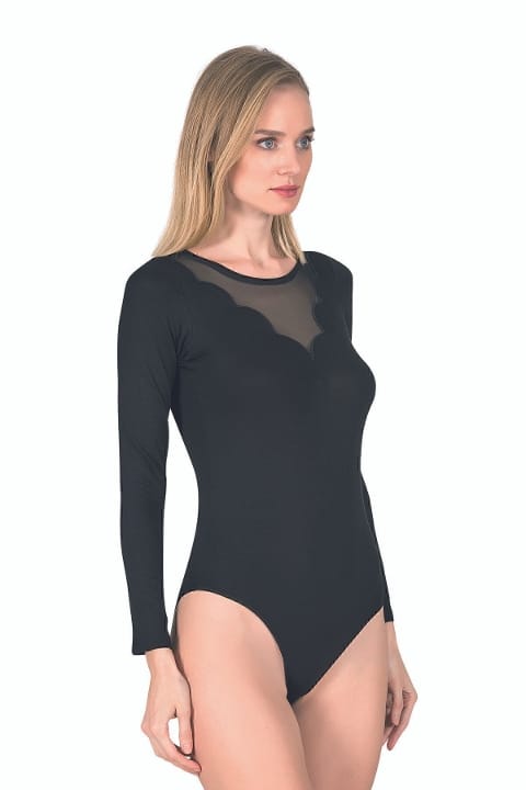 Uzun Kollu Tül Detaylı Body Viskon Özkan 25206 - Siyah