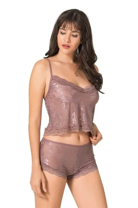 Vizon Jakarlı Dantel Detaylı Babydoll Şort Takımı Ahu 9050 - Vizon