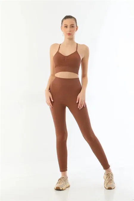 Yüksek Bel, Dört Yönlü Esnek Tayt Yoga Takımı Emay 3921 - Kahve