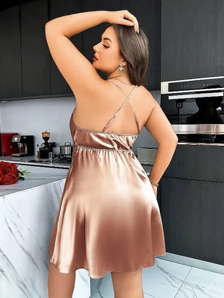 Kahverengi Saten Tek Parça Fantezi Body Pink Night 6682 - Kahverengi