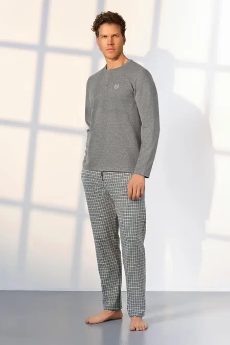 Kareli Uzun Kollu Düğmeli Yaka Pijama Takımı Doreanse 25K4537 - Gri