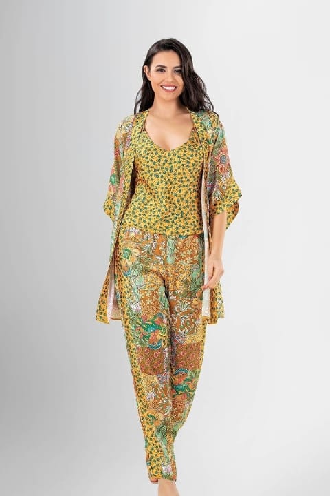 Karışık Desenli Lila 3'lü Pijama Sabahlık Takımı Ahu 1942 - 2