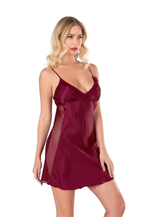 Kısa Saten Gecelik Tül Kenar Detaylı Pembe Ahu 8105 - Bordo