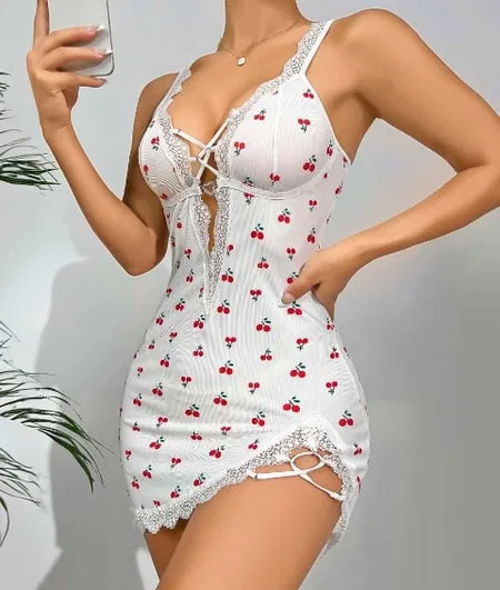 Kiraz Desenli Dantel Kenarlı Fantezi Body Lily Bianca 13009 - Beyaz