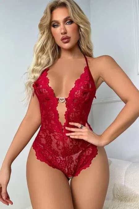 Şeffaf Dantel Tek Parça Body For Dreams 8459 - Kırmızı