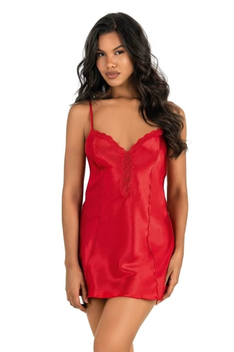 Kırmızı Kısa Dantelli Saten Gecelik Ahu Ahu 8202