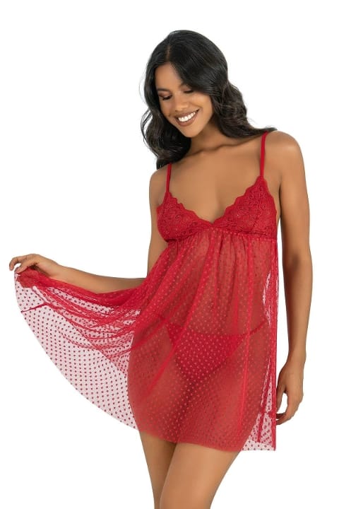 Kısa Dantelli Tül Gecelik Kırmızı Ahu 4243 - Kırmızı