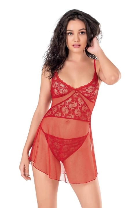 Kırmızı Kısa Tül Gecelik Tek Parça Ahu 4135 - Kırmızı