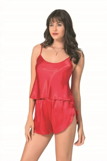 Kırmızı Saten Babydoll Şort Takımı Ahu 9089 - Kırmızı