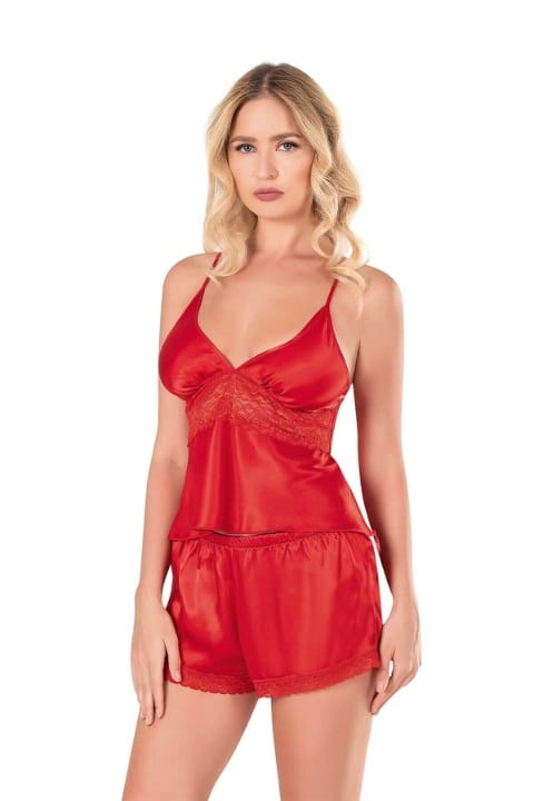 Kırmızı Saten Babydoll Şort Takımı Ahu 9101 - Kırmızı