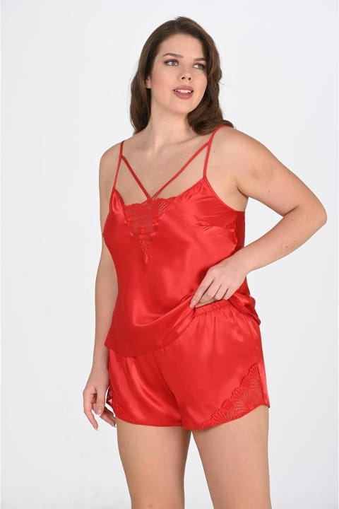 Kırmızı Saten Büyük Beden Şort Takımı Ahu 1076 - Kırmızı