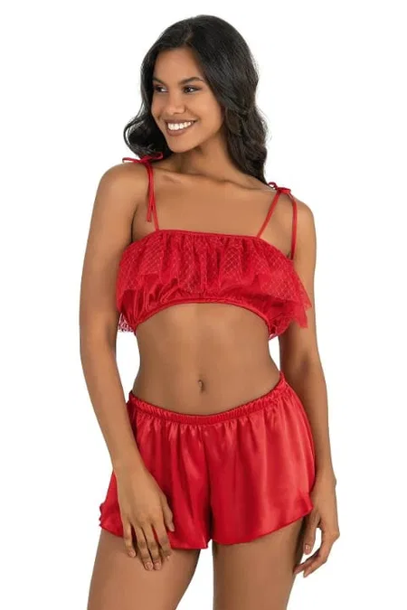 Kırmızı Saten Dantel Şort Takım Ahu Lingerie 9206 - Kırmızı