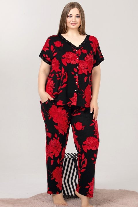 Kırmızı Siyah Çiçek Desenli Viskon Pijama Takımı Lady 10976 - Kırmızı