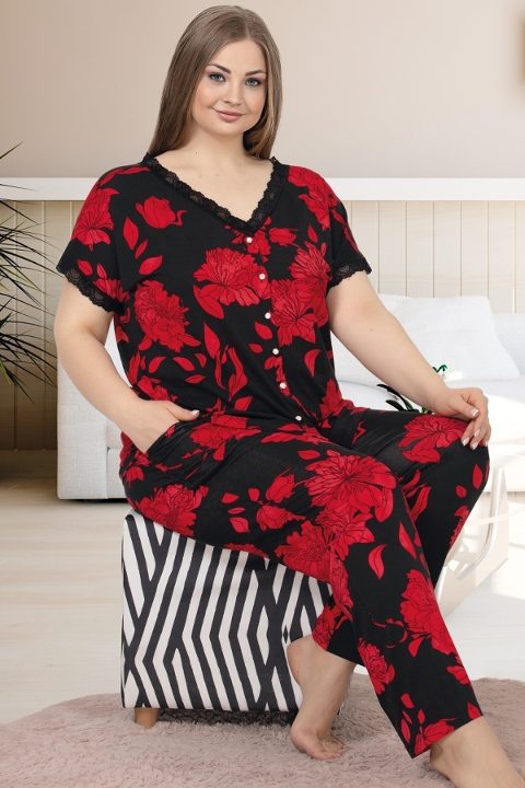 Kırmızı Siyah Çiçek Desenli Viskon Pijama Takımı Lady 10976 - 2
