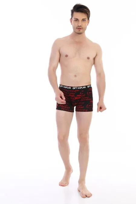 Kırmızı Yazı Desenli Pamuklu Elastan Erkek Boxer Çift Kaplan 796 - Görsel