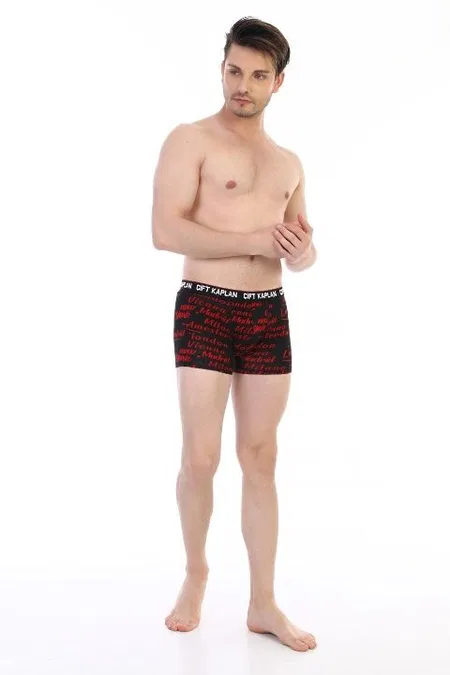 Kırmızı Yazı Desenli Pamuklu Elastan Erkek Boxer Çift Kaplan 796 - Görsel
