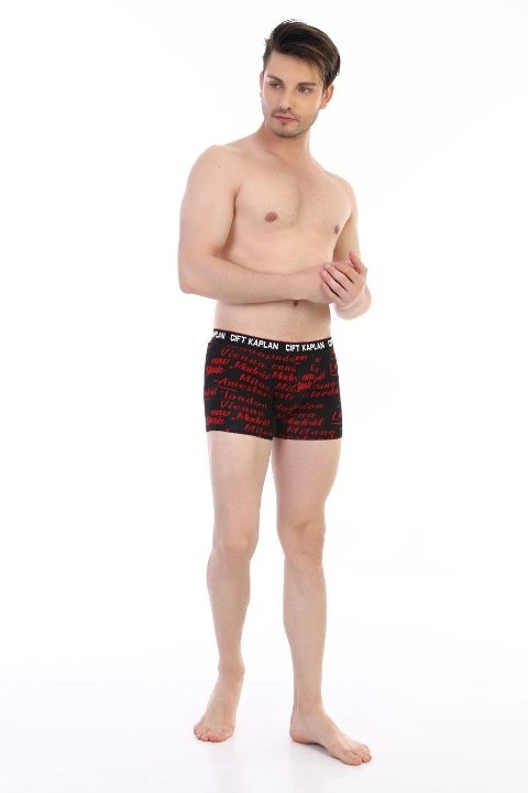 Kırmızı Yazı Desenli Pamuklu Elastan Erkek Boxer Çift Kaplan 796 - Görsel