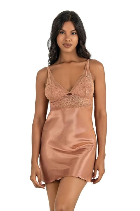 Kısa Dantelli Saten Gecelik Siyah Ahu 8230 - Ten