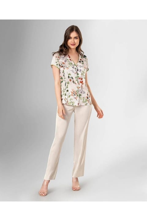 Çiçekli Ekru Pijama Takımı Kadın Ahu 1819