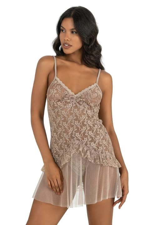 İnce Askılı Kısa Tül Gecelik Gri Ahu 4212 - Vizon