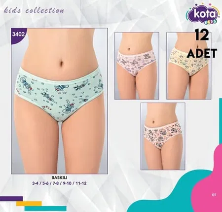 Baskılı Geniş Askılı Kız Çocuk Külot Kota 3402 - Asorti