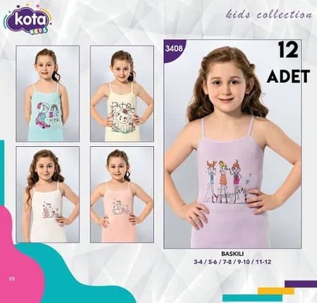 Pamuklu İp Askılı Baskılı Kız Çocuk Atlet Kota 3408 - Asorti
