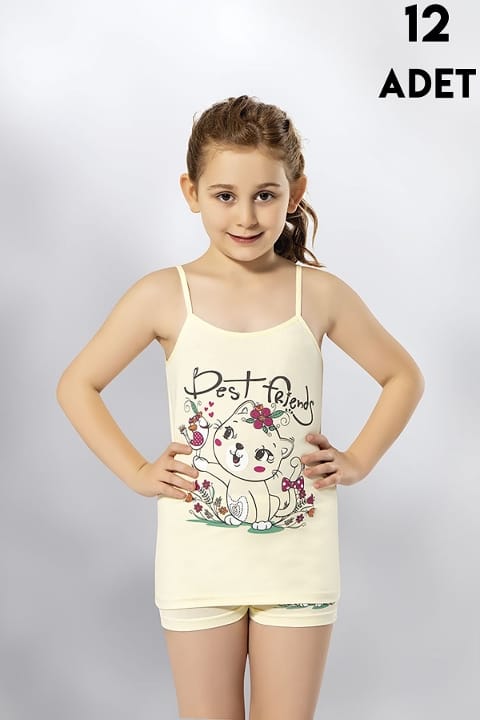Pamuklu İp Askılı Baskılı Kız Çocuk Atlet Kota 3408 - Asorti