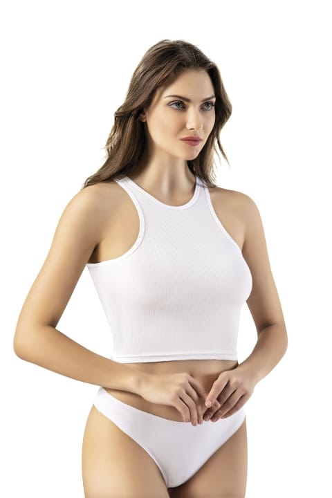 Geniş Askılı Nefes Alabilir Kadın Crop Atlet Kota 6431 - Beyaz