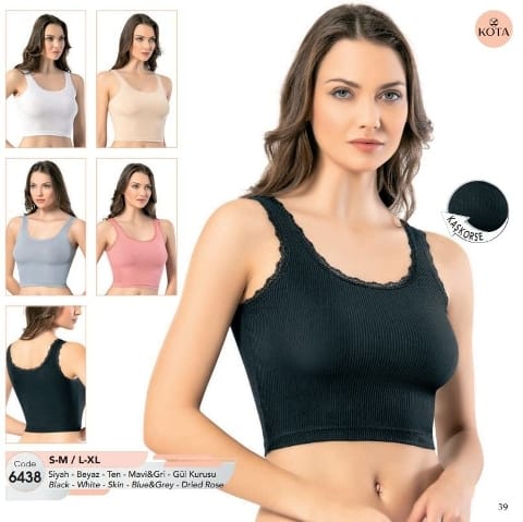 Geniş Askılı Pamuklu Dantelli Crop Kadın Atlet Kota 6438 - Siyah