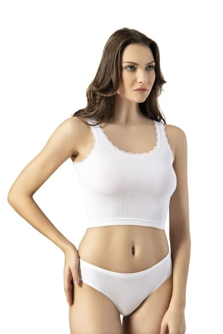 Geniş Askılı Pamuklu Dantelli Crop Kadın Atlet Kota 6438 - Beyaz