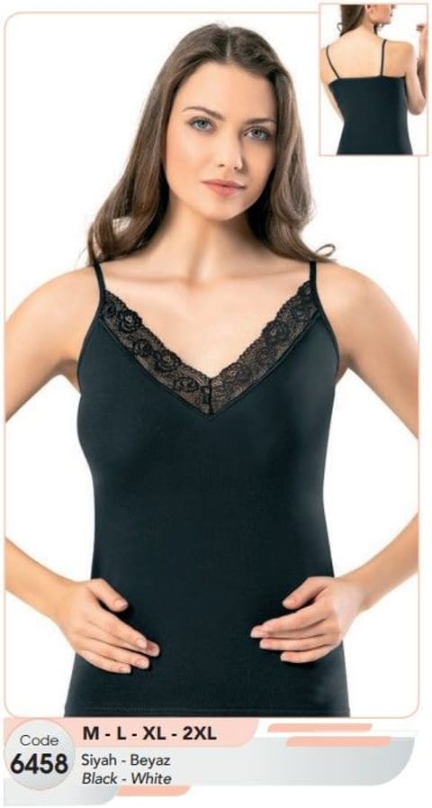 Dantel V Yaka İnce Askılı Penye Atlet Kota 6458 - Siyah