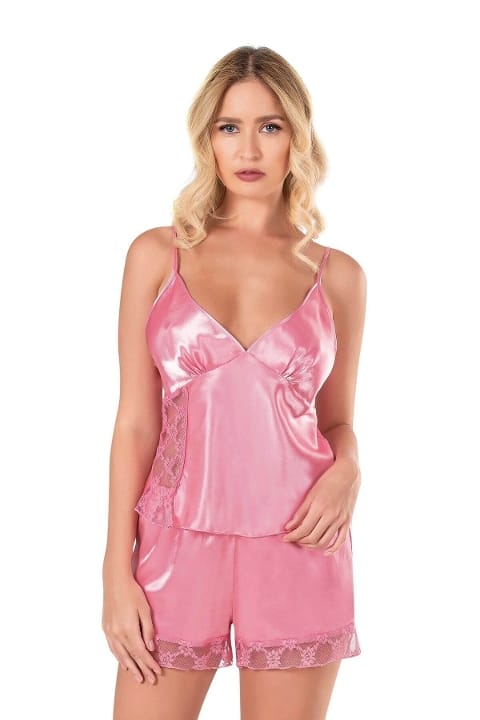 Dantelli Leopar Saten Babydoll Şort Takımı Ahu Lingerie 9124 - Pembe