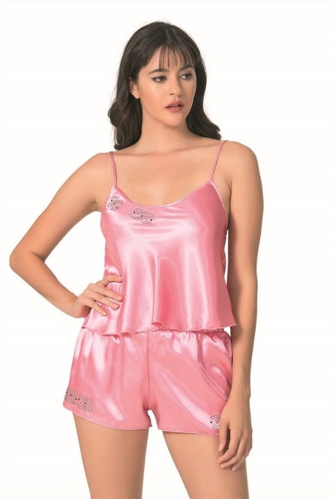 Saten Leopar Desenli Babydoll Şort Takımı Ahu 9079 - Pembe