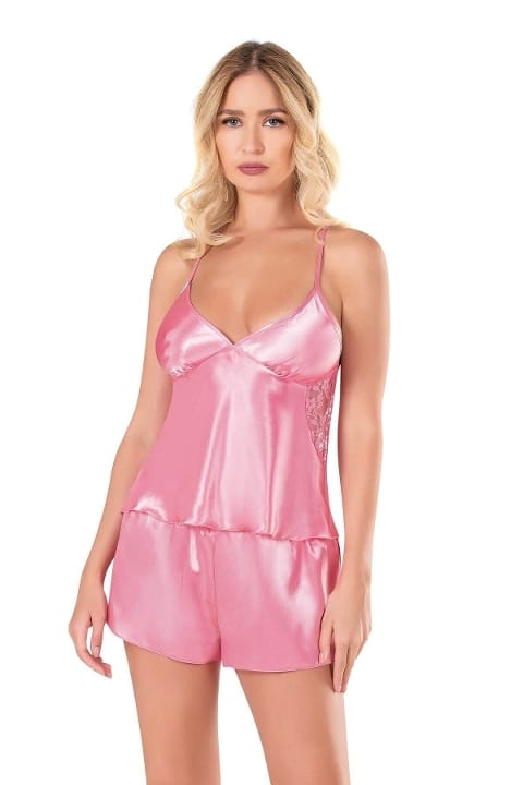 Koyu Pembe Leopar Saten Babydoll Şort Takımı Ahu 9108 - Pembe
