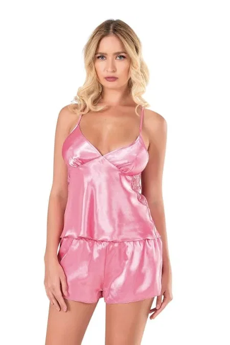 Koyu Pembe Leopar Saten Babydoll Şort Takımı Ahu 9108 - Pembe