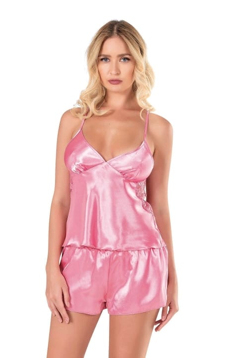 Koyu Pembe Leopar Saten Babydoll Şort Takımı Ahu 9108 - 2